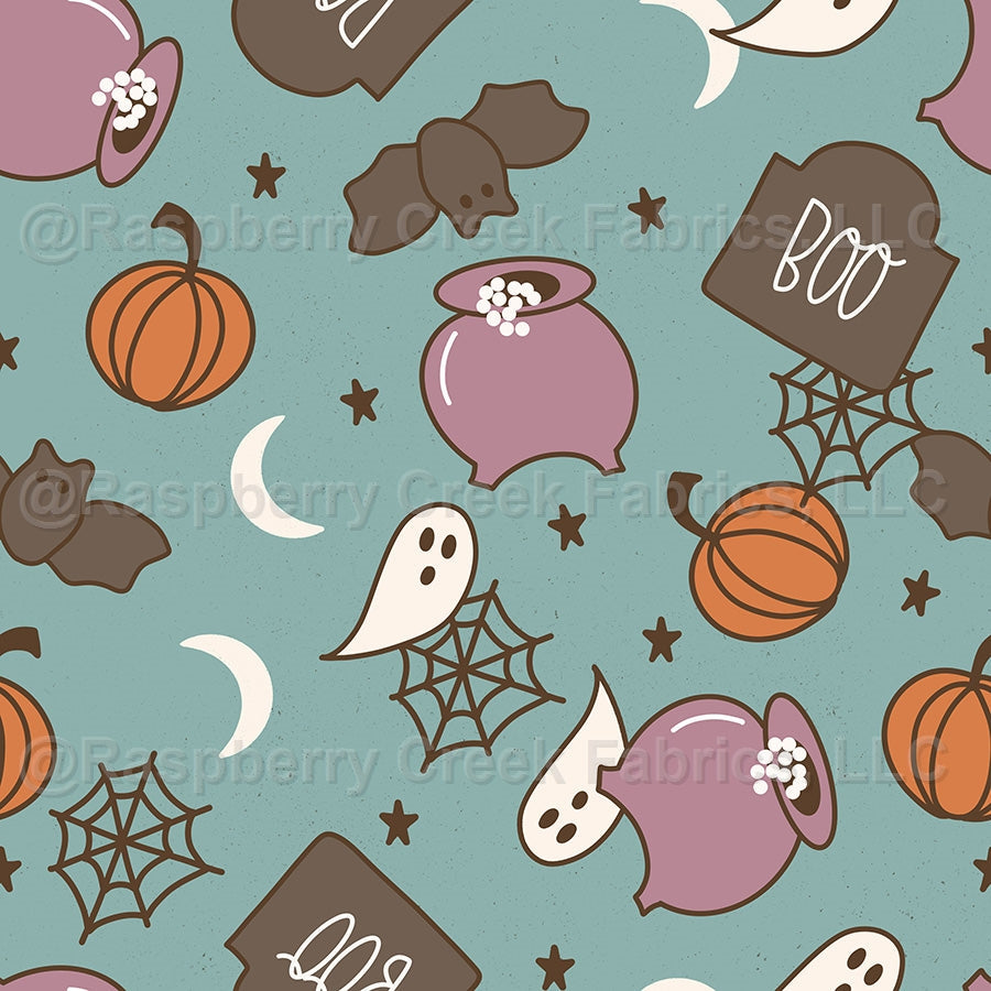 Halloween on Teal _ Boho Halloween Fabric, Raspberry Creek Fabrics, watermarked