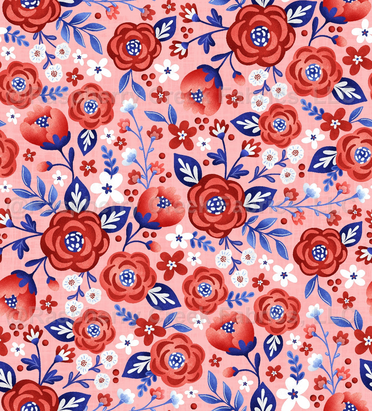 All American Floral Pink Fabric, Raspberry Creek Fabrics, watermarked