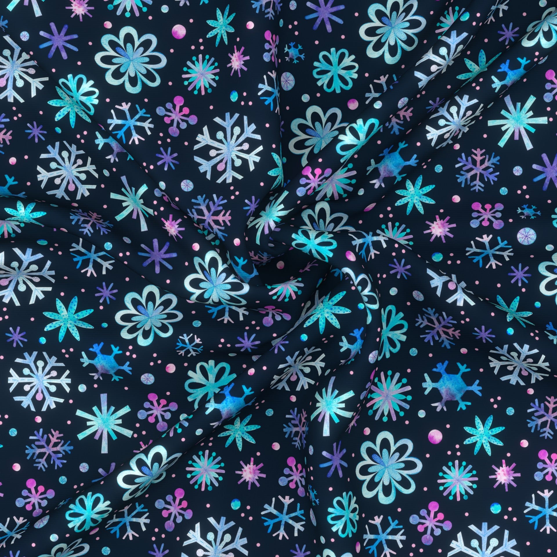 Colorful Watercolor Snowflakes Chillin' With My Snowmies Collection on Navy Fabric, Raspberry Creek Fabrics