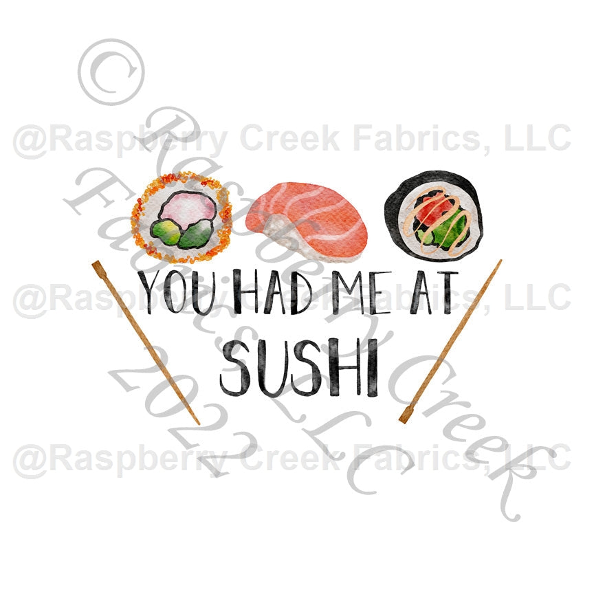 Green Red Coral Black and Khaki You Had Me At Sushi Panel, Foodie by Brittney Laidlaw for CLUB Fabrics Fabric, Raspberry Creek Fabrics, watermarked