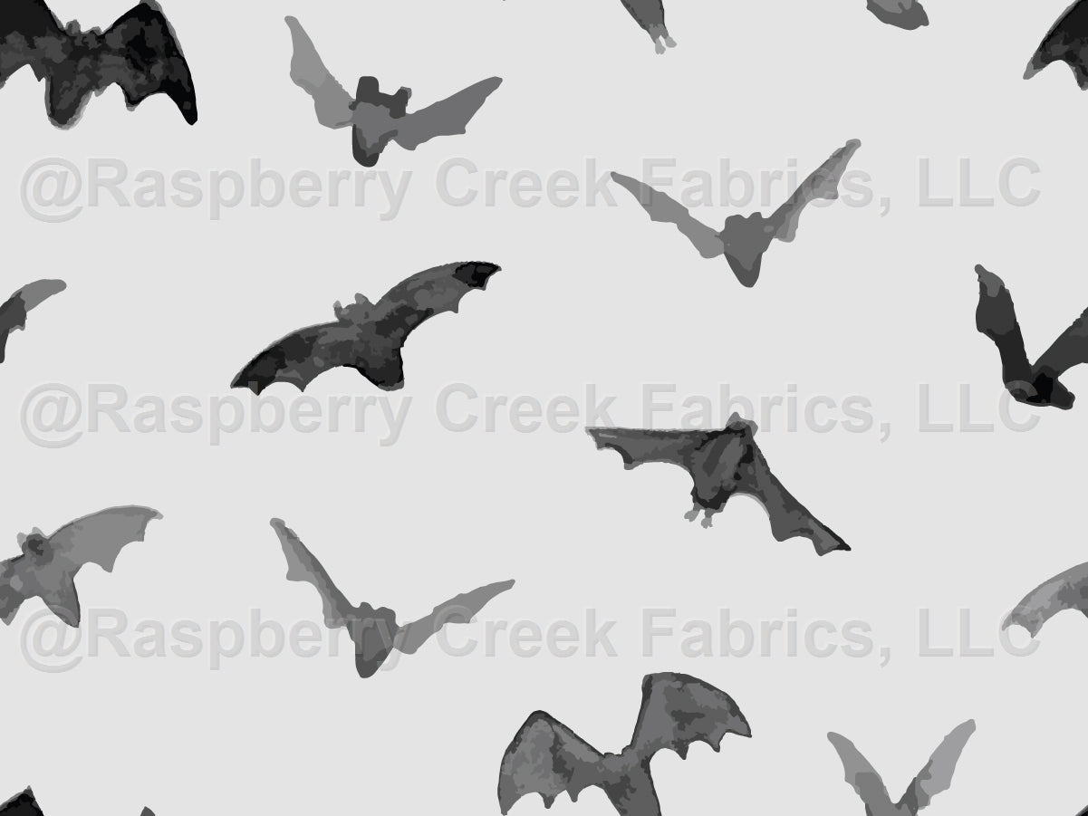 Watercolor Halloween Black Bats on Gray Fabric, Raspberry Creek Fabrics, watermarked