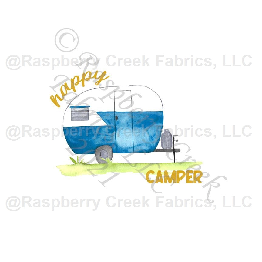 Royal Blue Mustard Green and Grey Happy Camper Panel, Let's Go Outdoors By Brittney Laidlaw for Club Fabrics Fabric, Raspberry Creek Fabrics, watermarked