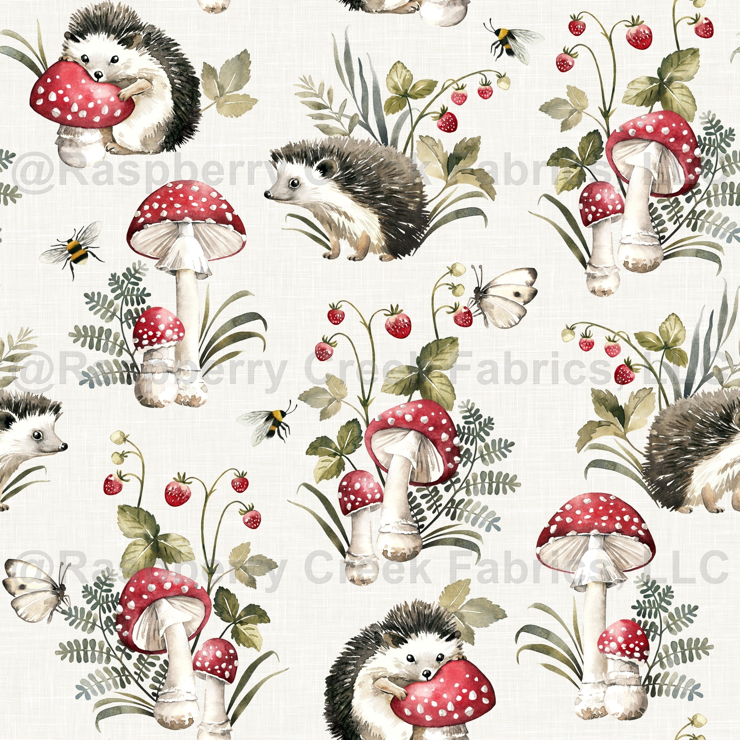 Hedgehog and mushroom by MirabellePrint / Off-white linen textured background Fabric, Raspberry Creek Fabrics, watermarked