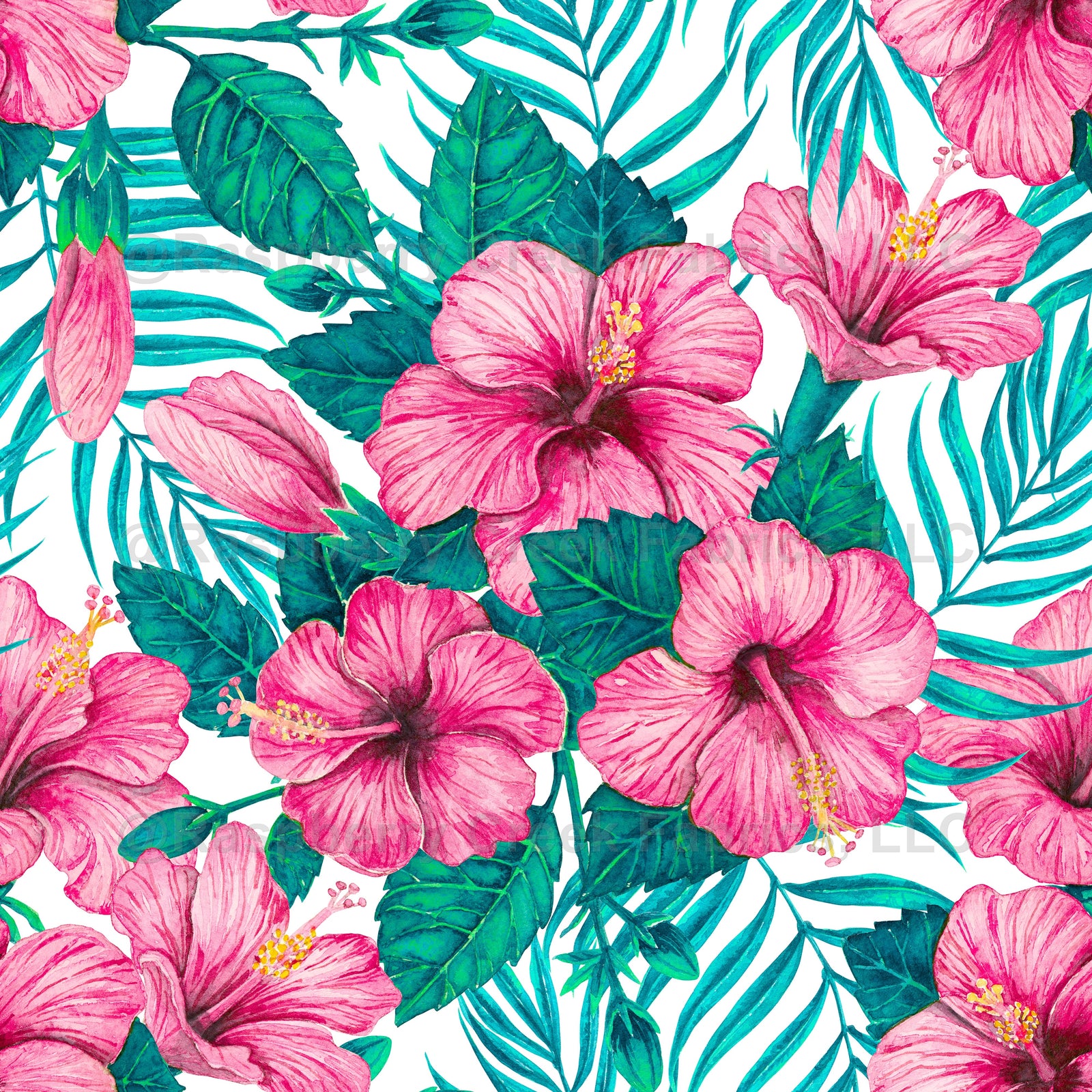 Hibiscus and palm leaves Fabric, Raspberry Creek Fabrics, watermarked