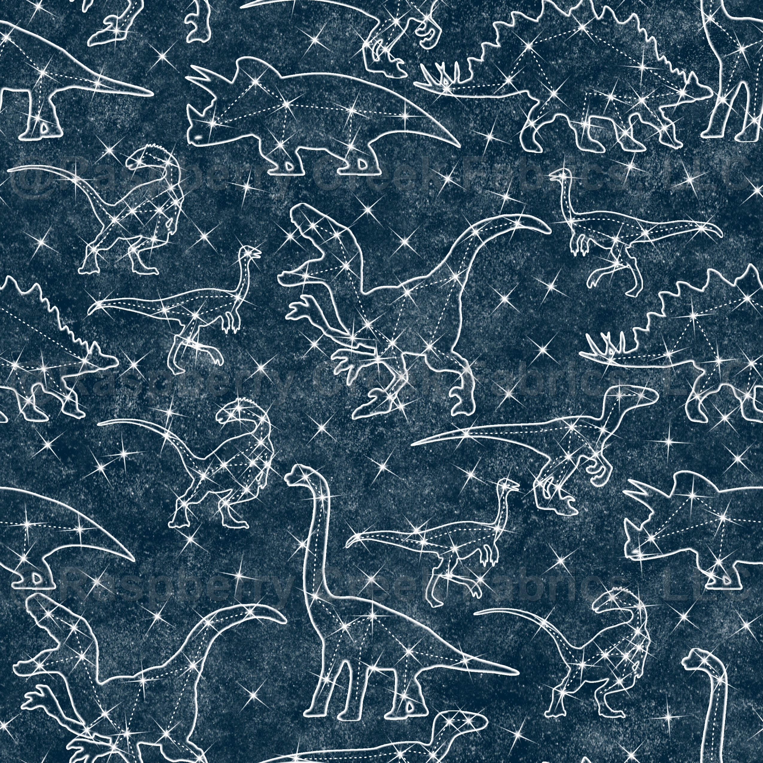 Dinosaur constellations on midnight blue Fabric, Raspberry Creek Fabrics, watermarked