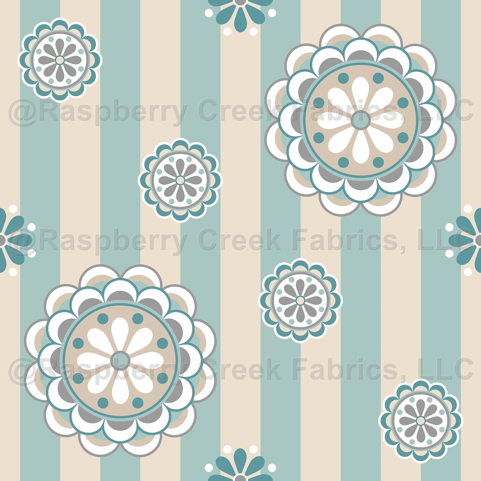 Mod Flowers on Stripes, Seafoam, Beige, Gray, Teal