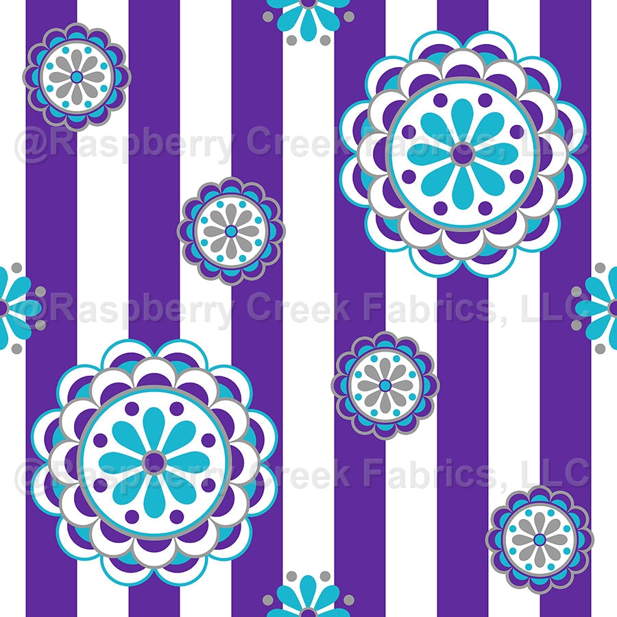 Mod Flowers on Stripes, Purple, Turquoise, Gray