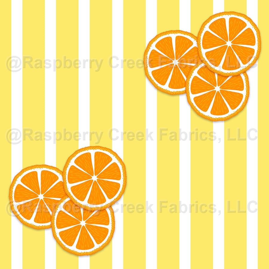 Orange Slices on Yellow and White Stripes Fabric, Raspberry Creek Fabrics, watermarked