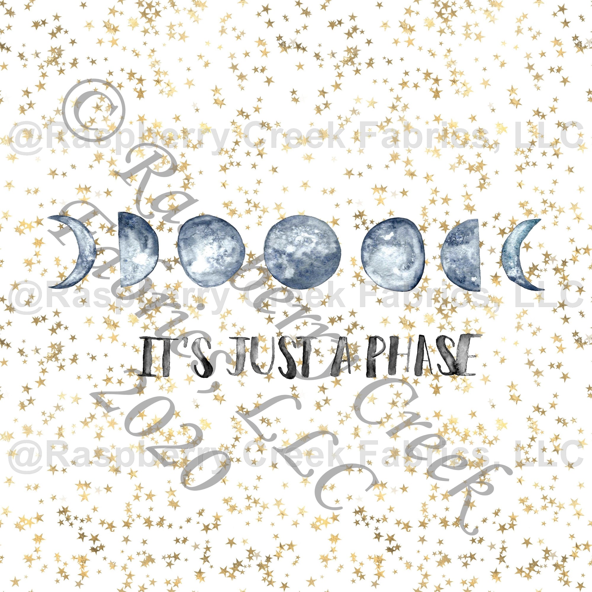 Navy Grey and Gold Moon It's Just A Phase Panel, Space By Brittney Laidlaw for Club Fabrics Fabric, Raspberry Creek Fabrics, watermarked