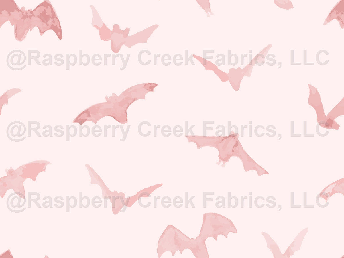 Watercolor Halloween Pink Bats on Pink Fabric, Raspberry Creek Fabrics, watermarked