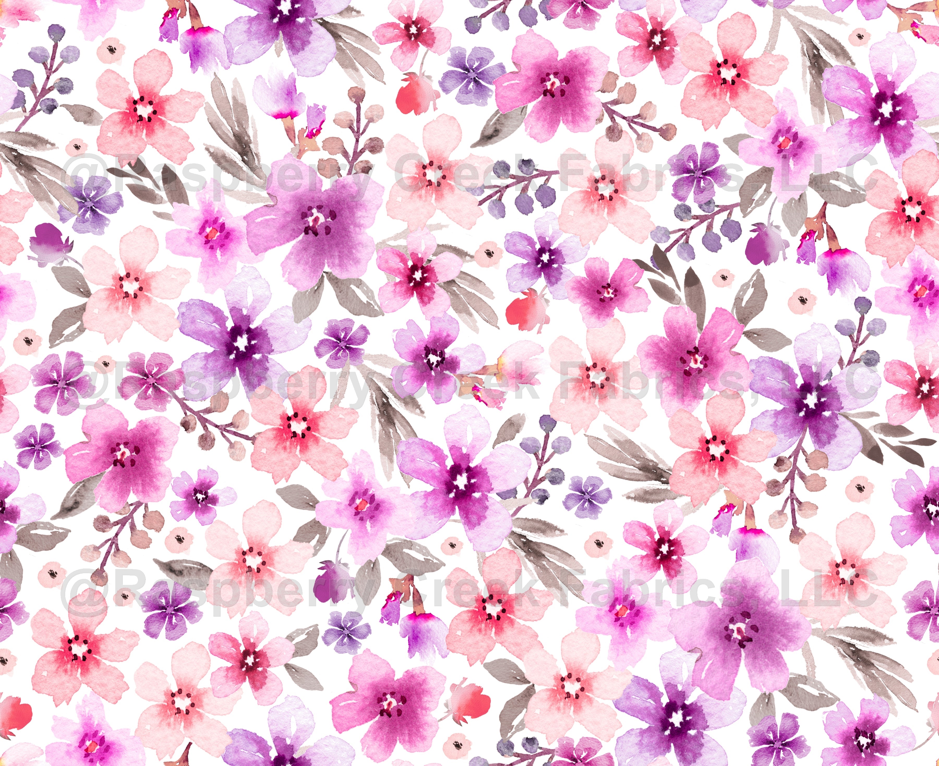 Pretty watercolor floral, botanical florals, pink , Raspberry Creek Fabrics, watermarked