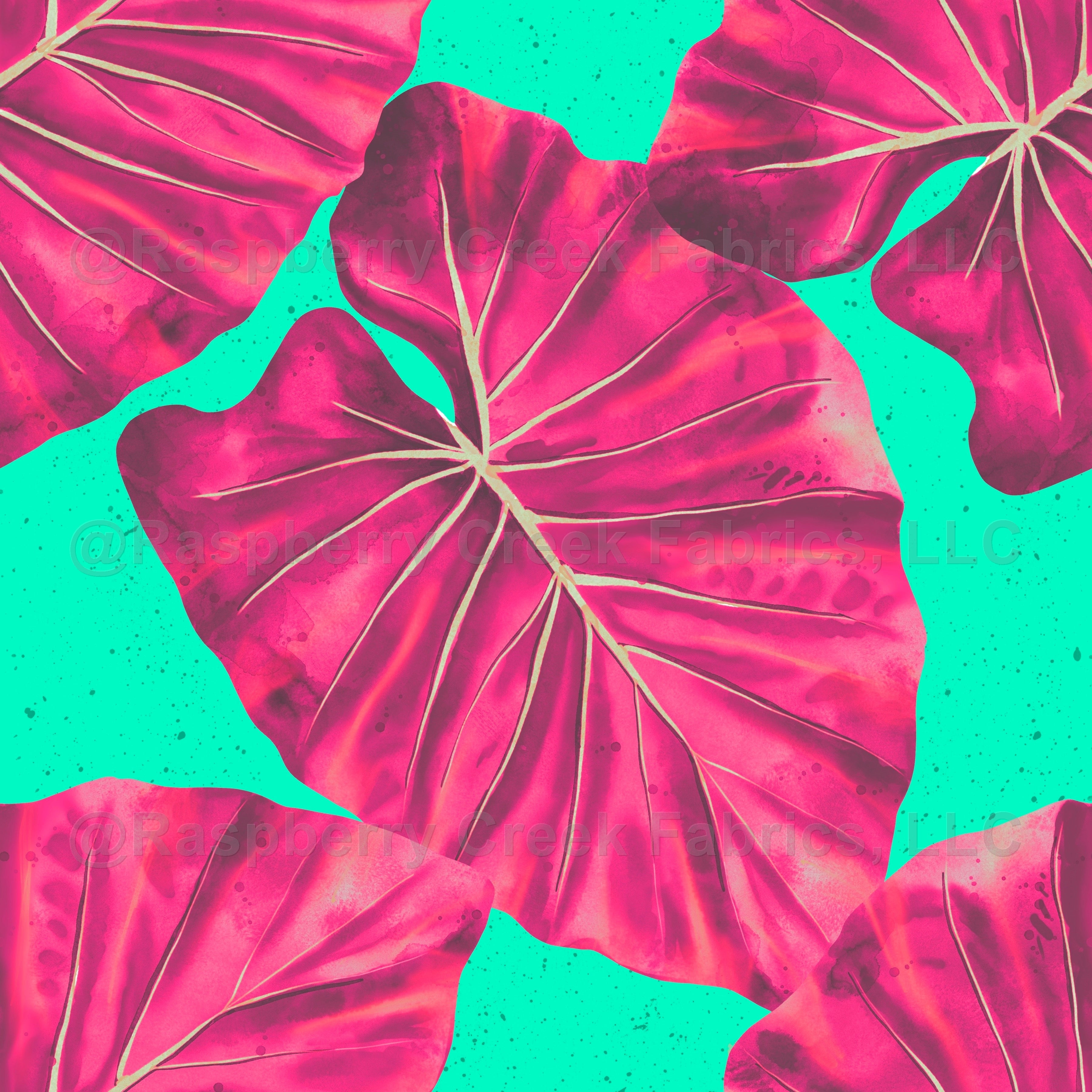 tropical leaves, botanical, boho, bright, neon, turquoise, hot pink, watercolor, plant, leaves, Florida Fabric, Raspberry Creek Fabrics, watermarked