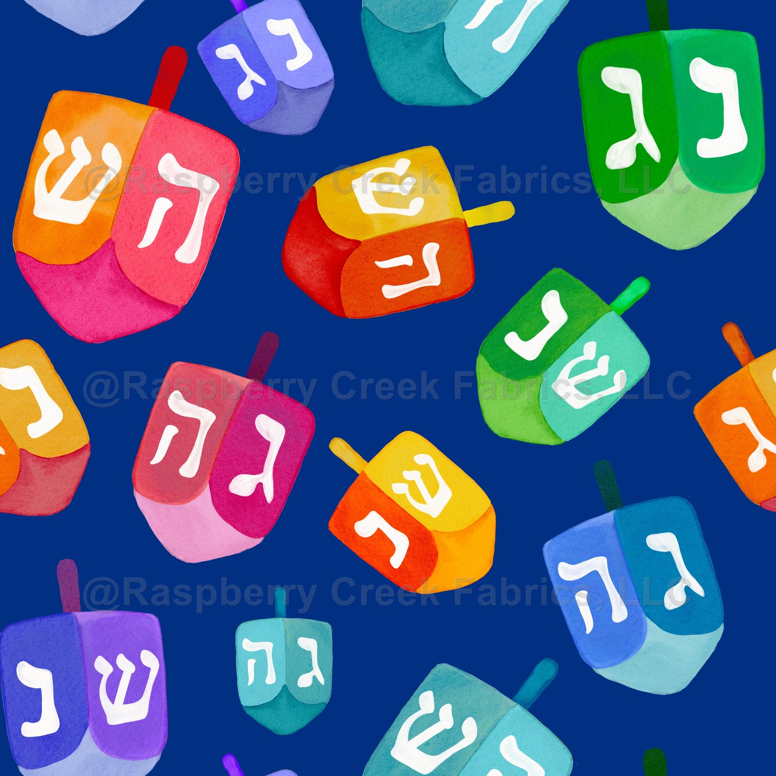 Watercolor Rainbow Hanukkah Dreidels Dark Blue , Raspberry Creek Fabrics, watermarked