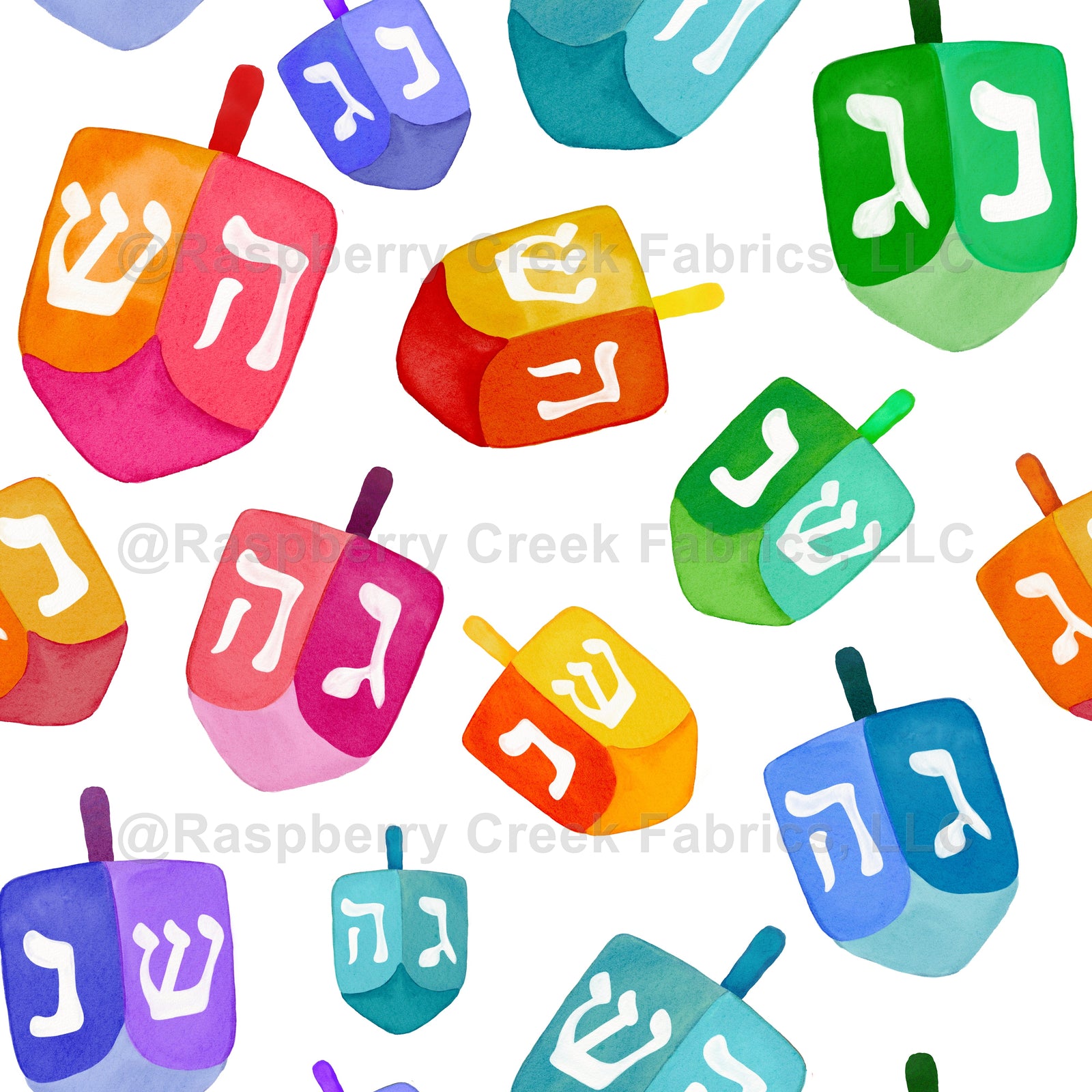 Watercolor Rainbow Hanukkah Dreidels White , Raspberry Creek Fabrics, watermarked
