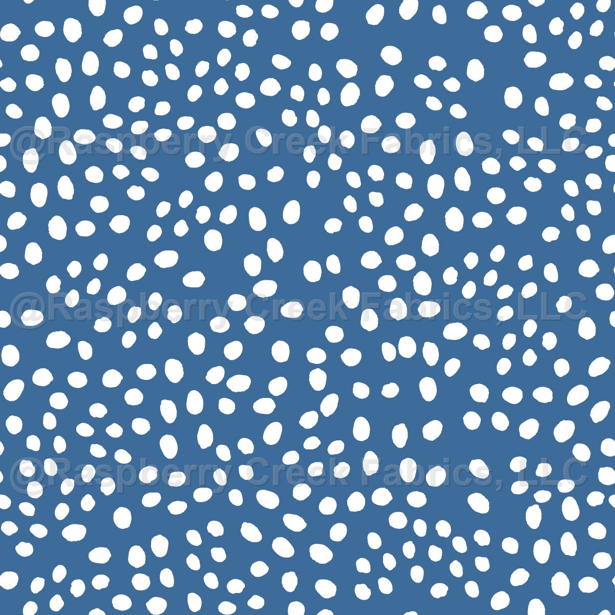 Midnight Snow, white dots on blue Fabric, Raspberry Creek Fabrics, watermarked