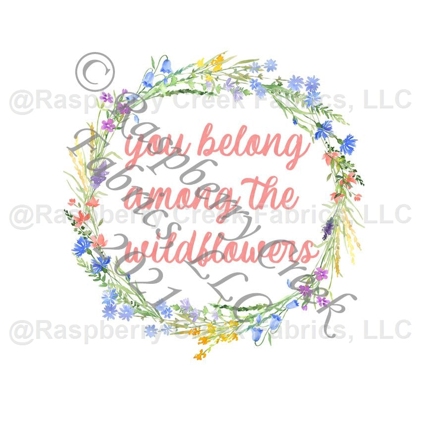 Light Blue Green Orange Yellow and Purple You Belong Among The Wildflowers Panel, Let's Go Outdoors By Brittney Laidlaw for Club Fabrics Fabric, Raspberry Creek Fabrics, watermarked